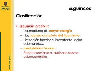 Esguinces grado III: Traumatismo de  mayor energía Hay  ruptura completa del ligamento Limitación funcional importante, dolor, edema etc… Inestabilidad franca. Puede asociarse a laseiones óseas u osteocondrales. Clasificación Esguinces 