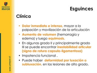 D olor inmediato e intenso,  mayor a la palpación y movilización de la articulación Aumento de volumen  (hemorragia y edema) y luego  equimosis. En algunas grado II y principalmente grado III se puede encontrar  inestabilidad articular (signo de rotura capsulo-ligamentosa) Impotencia funcional . Puede haber  deformidad por luxación o subluxación,  en las lesiones de alto grado. Clínica Esguinces 