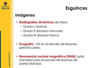 Radiografías dinámicas  de stress:  Grado I: Normal Grado II: Bostezo insinuado Grado III: Bostezo franco Ecografía  : Util en el estudio de lesiones periarticulares. Resonancia nuclear magnética (RNM):  gold standard para el estudio de lesiones de partes blandas. Imágenes Esguinces 