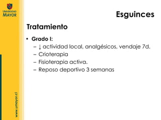 Grado I: ↓  actividad local, analgésicos, vendaje 7d. Crioterapia Fisioterapia activa.  Reposo deportivo 3 semanas Tratamiento Esguinces 