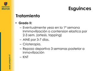 Grado II: Eventualmente yeso en la 1ª semana Inmmovilización o contension elastica por 2-3 sem. (ortesis, tapping) AINE por 3-7 días. Crioterapia.  Reposo deportivo 3 semanas posterior a inmovilización KNT Tratamiento Esguinces 