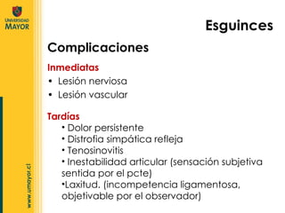 Inmediatas Lesión nerviosa Lesión vascular Complicaciones Esguinces Tardías Dolor persistente Distrofia simpática refleja Tenosinovitis  Inestabilidad articular (sensación subjetiva sentida por el pcte) Laxitud. (incompetencia ligamentosa, objetivable por el observador) 