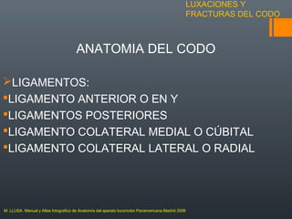 LUXACIONES Y
FRACTURAS DEL CODO
ANATOMIA DEL CODO
LIGAMENTOS:
LIGAMENTO ANTERIOR O EN Y
LIGAMENTOS POSTERIORES
LIGAMENTO COLATERAL MEDIAL O CÚBITAL
LIGAMENTO COLATERAL LATERAL O RADIAL
M. LLUSA. Manual y Atlas fotografico de Anatomía del aparato locomotor.Panamericana.Madrid 2006
 