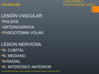 LUXACIONES Y
FRACTURAS DEL CODO
LESIÓN VASCULAR
PULSOS
ARTERIOGRAFIA
FASCIOTOMIA VOLAR
LESION NERVIOSA
N. CUBITAL
N. MEDIANO
N.RADIAL
N. INTERÓSEO ANTERIOR
VALORACIÓN
A.D. DELGADO MARTINEZ. Cirugía Ortopédica y Traumatología. Madrid: Panamericana, 2009.
 
