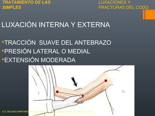 LUXACIONES Y
FRACTURAS DEL CODO
LUXACIÓN INTERNA Y EXTERNA
TRACCIÓN SUAVE DEL ANTEBRAZO
PRESIÓN LATERAL O MEDIAL
EXTENSIÓN MODERADA
TRATAMIENTO DE LAS
SIMPLES
A.D. DELGADO MARTINEZ. Cirugía Ortopédica y Traumatología. Madrid: Panamericana, 2009.
 
