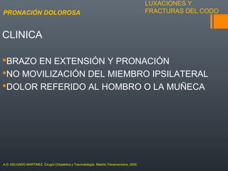 LUXACIONES Y
FRACTURAS DEL CODO
CLINICA
BRAZO EN EXTENSIÓN Y PRONACIÓN
NO MOVILIZACIÓN DEL MIEMBRO IPSILATERAL
DOLOR REFERIDO AL HOMBRO O LA MUÑECA
PRONACIÓN DOLOROSA
A.D. DELGADO MARTINEZ. Cirugía Ortopédica y Traumatología. Madrid: Panamericana, 2009.
 