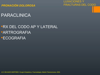 LUXACIONES Y
FRACTURAS DEL CODO
PARACLINICA
RX DEL CODO AP Y LATERAL
ARTROGRAFIA
ECOGRAFIA
PRONACIÓN DOLOROSA
A.D. DELGADO MARTINEZ. Cirugía Ortopédica y Traumatología. Madrid: Panamericana, 2009.
 