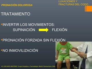 LUXACIONES Y
FRACTURAS DEL CODO
TRATAMIENTO
INVERTIR LOS MOVIMIENTOS:
SUPINACIÓN FLEXIÓN
PRONACIÓN FORZADA SIN FLEXIÓN
NO INMOVILIZACIÓN
PRONACIÓN DOLOROSA
A.D. DELGADO MARTINEZ. Cirugía Ortopédica y Traumatología. Madrid: Panamericana, 2009.
 