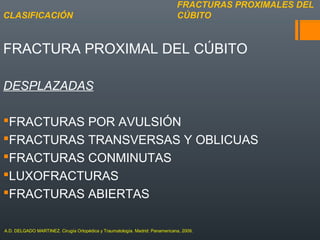 FRACTURA PROXIMAL DEL CÚBITO
DESPLAZADAS
FRACTURAS POR AVULSIÓN
FRACTURAS TRANSVERSAS Y OBLICUAS
FRACTURAS CONMINUTAS
LUXOFRACTURAS
FRACTURAS ABIERTAS
FRACTURAS PROXIMALES DEL
CÚBITOCLASIFICACIÓN
A.D. DELGADO MARTINEZ. Cirugía Ortopédica y Traumatología. Madrid: Panamericana, 2009.
 