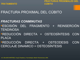 FRACTURA PROXIMAL DEL CÚBITO
FRACTURAS CONMINUTAS
ESCISIÓN DEL FRAGMENTO + REINSERCIÓN
TENDINOSA
REDUCCIÓN DIRECTA + OSTEOSÍNTESIS CON
PLACA
REDUCCIÓN DIRECTA + OSTEODESIS CON
CERCLAJE DINAMICO + OSTEOSÍNTESIS
FRACTURAS PROXIMALES DEL
CÚBITOTRATAMIENTO
A.D. DELGADO MARTINEZ. Cirugía Ortopédica y Traumatología. Madrid: Panamericana, 2009.
 