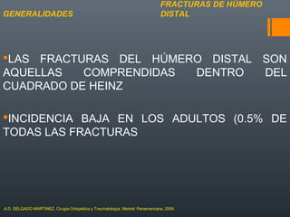 LAS FRACTURAS DEL HÚMERO DISTAL SON
AQUELLAS COMPRENDIDAS DENTRO DEL
CUADRADO DE HEINZ
INCIDENCIA BAJA EN LOS ADULTOS (0.5% DE
TODAS LAS FRACTURAS
FRACTURAS DE HÚMERO
DISTALGENERALIDADES
A.D. DELGADO MARTINEZ. Cirugía Ortopédica y Traumatología. Madrid: Panamericana, 2009.
 