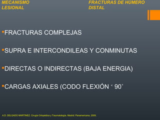 FRACTURAS COMPLEJAS
SUPRA E INTERCONDILEAS Y CONMINUTAS
DIRECTAS O INDIRECTAS (BAJA ENERGIA)
CARGAS AXIALES (CODO FLEXIÓN 90˚˂
FRACTURAS DE HÚMERO
DISTAL
MECANISMO
LESIONAL
A.D. DELGADO MARTINEZ. Cirugía Ortopédica y Traumatología. Madrid: Panamericana, 2009.
 