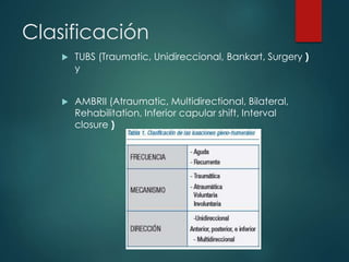 Clasificación
 TUBS (Traumatic, Unidireccional, Bankart, Surgery )
y
 AMBRII (Atraumatic, Multidirectional, Bilateral,
Rehabilitation, Inferior capular shift, Interval
closure )
 