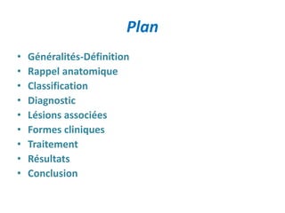 Plan 
• Généralités-Définition 
• Rappel anatomique 
• Classification 
• Diagnostic 
• Lésions associées 
• Formes cliniques 
• Traitement 
• Résultats 
• Conclusion 
 