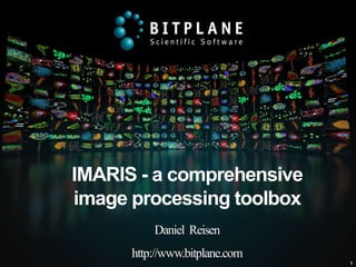 IMARIS - a comprehensive
image processing toolbox
          Daniel Reisen
      http://www.bitplane.com
                                1
 