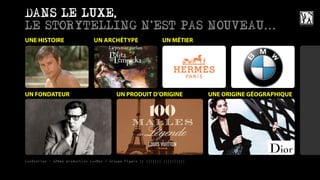 DANS LE LUXE,    ,
LE STORYTELLING N EST PAS NOUVEAU...
UNE HISTOIRE                   UN ARCHÉTYPE                    UN MÉTIER




UN FONDATEUR                              UN PRODUIT D’ORIGINE               UNE ORIGINE GÉOGRAPHIQUE




LuxStories - 12ème production LuxBox / Groupe Figaro || ||||||| ||||||||||
 