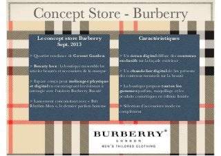 Concept Store - Burberry 
Le concept store Burberry 
Sept. 2013 
> Quartier tendance de Covent Garden 
! 
> Beauty box : la boutique rassemble les 
articles beautés et accessoires de la marque 
! 
> Espace conçu pour mélanger physique 
et digital en encourageant les visiteurs à 
interagir avec l’univers Burberry Beauté 
! 
> Lancement concomitant avec « Brit 
Rhythm Men », le dernier parfum homme 
Caractéristiques 
! 
! 
> Un écran digital diffuse des contenus 
exclusifs sur la façade extérieur 
! 
> Un chandelier digital de 5m présente 
des contenus mensuels sur la beauté 
! 
> La boutique propose toutes les 
gammes parfum, maquillage et les 
produits cosmétiques en édition limitée 
! 
> Sélection d’accessoires mode en 
complément 
 
