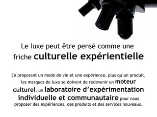 Le luxe peut  être pensé  comme une  friche  culturelle expérientielle En proposant un mode de vie et une expérience, plus qu’un produit, les marques de luxe se doivent de redevenir un  moteur culturel , un  laboratoire d’expérimentation individuelle et communautaire  pour nous proposer des expériences, des produits et des services nouveaux. 