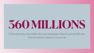 Cela représente de nombre de consommateurs dans le secteur du Luxe.


Tant de clients à attirer et à recevoir.


360MILLIONS
2
 