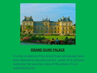 GRAND DUKE PALACE
It is the residence of the Grand Duke and people have
been allowed to see and touch it , some of its sections
and enjoy the luxurious view of the palace. It is in
Luxembourg city.
 