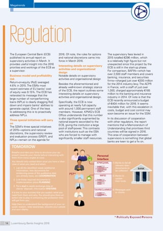 Megatrends
Luxembourg Banks Insights 201614
Regulation
The European Central Bank (ECB)
published its annual report on
supervisory activities in March. It
provides useful insight into the 2016
priorities and workings of the ECB as
a supervisor.
Business model and profitability
risk
Return-on-equity (RoE) averaged
4.6% in 2015. The EBA’s most
recent estimate of EU banks’ cost
of equity was 9.15%. The ECB has
reiterated its message that the
large number of non-performing
loans (NPLs) is clearly dragging RoE
down and impairs banks’ abilities to
generate capital. One of the keys
to addressing this is to proactively
address NPLs.
Three special initiatives will carry
on
The SSM’s three special initiatives
of 2015—options and national
discretions, the supervisory review
and evaluation process (SREP), and
NPLs—remain on the agenda for
2016. Of note, the rules for options
and national discretions came into
force in March 2016. 
Interesting details on supervisory
activities and organizational
design
Notable details on supervisory
activities and organisational design
Besides the aforementioned and
already well-known strategic stance
of the ECB, the report outlines some
interesting details on supervisory
activities and organisational design.
Specifically, the ECB is now
operating at nearly full capacity
with around 1,000 permanent staff
members. However, KPMG’s ECB
Office understands that this number
is also significantly augmented by
national experts seconded to the
ECB, giving the institution a large
pool of staff-power. This contrasts
with institutions such as the EBA
who are forced to manage with
significantly smaller staff resources.
The supervisory fees levied in
2015 totalled €296 million, which
is a relatively high figure but not
unexpected since this project by the
ECB is still in the start-up phase.
For comparison, BAFIN—which has
over 2,500 staff members and covers
banking, insurance, and securities
firms—charged just over €200 million
for the 2014 industry levy. The ACPR
in France, with a staff of just over
1,000, charged approximately €185
million to the banking and insurance
industry in 2014. Of note is that the
ECB recently announced a budget
of €404 million for 2016. It seems
inevitable that, with this escalation in
costs, budget and cost control may
soon become an issue for the SSM.
In its discussion of cooperation
with other regulators, the report
mentions that a Memorandum of
Understanding that prioritises third
countries will be signed in 2016.
This area of cooperation between
supervisors is something that global
banks are keen to get a fix on. 
Personal
Interface
TOMORROW
Breathe and take your time to structure your ap-
proach towards your clients before interacting with
them from many angles at once.
You should only contact them once you have a clear
view of what you need and when.
1.	 List all the identified needs (additional
information, new documents for
evidencing some of the qualitative data
you already have, etc) COORDINATION
2.	 Link those required documents to
implementation plans PLANNING
3.	 Put a tool to easily exchange data at
clients’ disposal, information SYSTEMS
It is key to your success that you explain what you
need from them and why. You should give them an
active role to play in enhancing the protection they
will get from you.
Help them to understand the background of your re-
quest: explain, raise awareness, educate your people
and your clients.
BANK
1)	Banks to list all
relevant data /
documents to
be collected
2)	Banks to
update
their tools
3)	Messages sent
to clients
MIFID
KPMG|AML
TAXRECLAIMED
PEP*
* Politically Exposed Persons
 