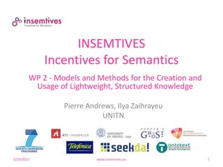 5/17/2011 www.insemtives.eu 1 INSEMTIVESIncentives for Semantics WP 2 - Models and Methods for the Creation and Usage of Lightweight, Structured Knowledge Pierre Andrews, Ilya ZaihrayeuUNITN 