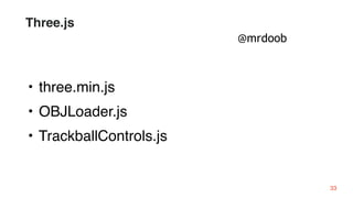 @mrdoob
33
Three.js
• three.min.js
• OBJLoader.js
• TrackballControls.js
 