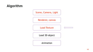 Load Texture
Renderer, canvas
Load 3D object
Scene, Camera, Light
Animation
48
Algorithm
 