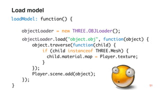 objectLoader.load("object.obj", function(object) {
object.traverse(function(child) {
if (child instanceof THREE.Mesh) {
child.material.map = Player.texture;
}
});
Player.scene.add(object);
});
}
loadModel: function() {
objectLoader = new THREE.OBJLoader();
51
Load model
 