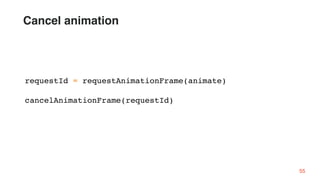 55
requestId = requestAnimationFrame(animate)
cancelAnimationFrame(requestId)
Cancel animation
 