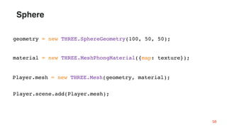 58
geometry = new THREE.SphereGeometry(100, 50, 50);
material = new THREE.MeshPhongMaterial({map: texture});
Player.mesh = new THREE.Mesh(geometry, material);
Player.scene.add(Player.mesh);
Sphere
 