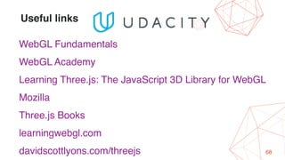 68
Useful links
WebGL Fundamentals
WebGL Academy
Learning Three.js: The JavaScript 3D Library for WebGL
Mozilla
Three.js Books
learningwebgl.com
davidscottlyons.com/threejs
 