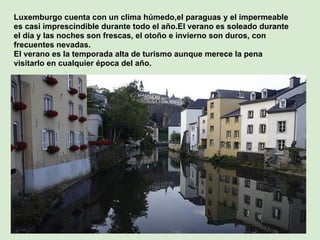 Luxemburgo cuenta con un clima húmedo,el paraguas y el impermeable
es casi imprescindible durante todo el año.El verano es soleado durante
el día y las noches son frescas, el otoño e invierno son duros, con
frecuentes nevadas.
El verano es la temporada alta de turismo aunque merece la pena
visitarlo en cualquier época del año.
 