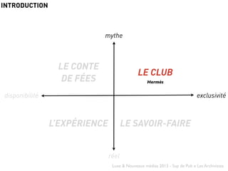 Luxe & Nouveaux médias 2013 - Sup de Pub x Les Archivistes
mythe
réel
disponibilité exclusivité
LE CONTE
DE FÉES
LE CLUB
L...