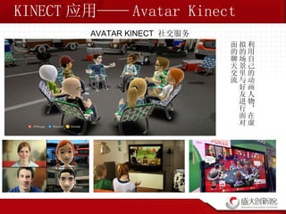 KINECT 应用—— Avatar Kinect AVATAR KINECT  社交服务 利用自己的动画人物，在虚拟的场景里与好友进行面对面的聊天交流 
