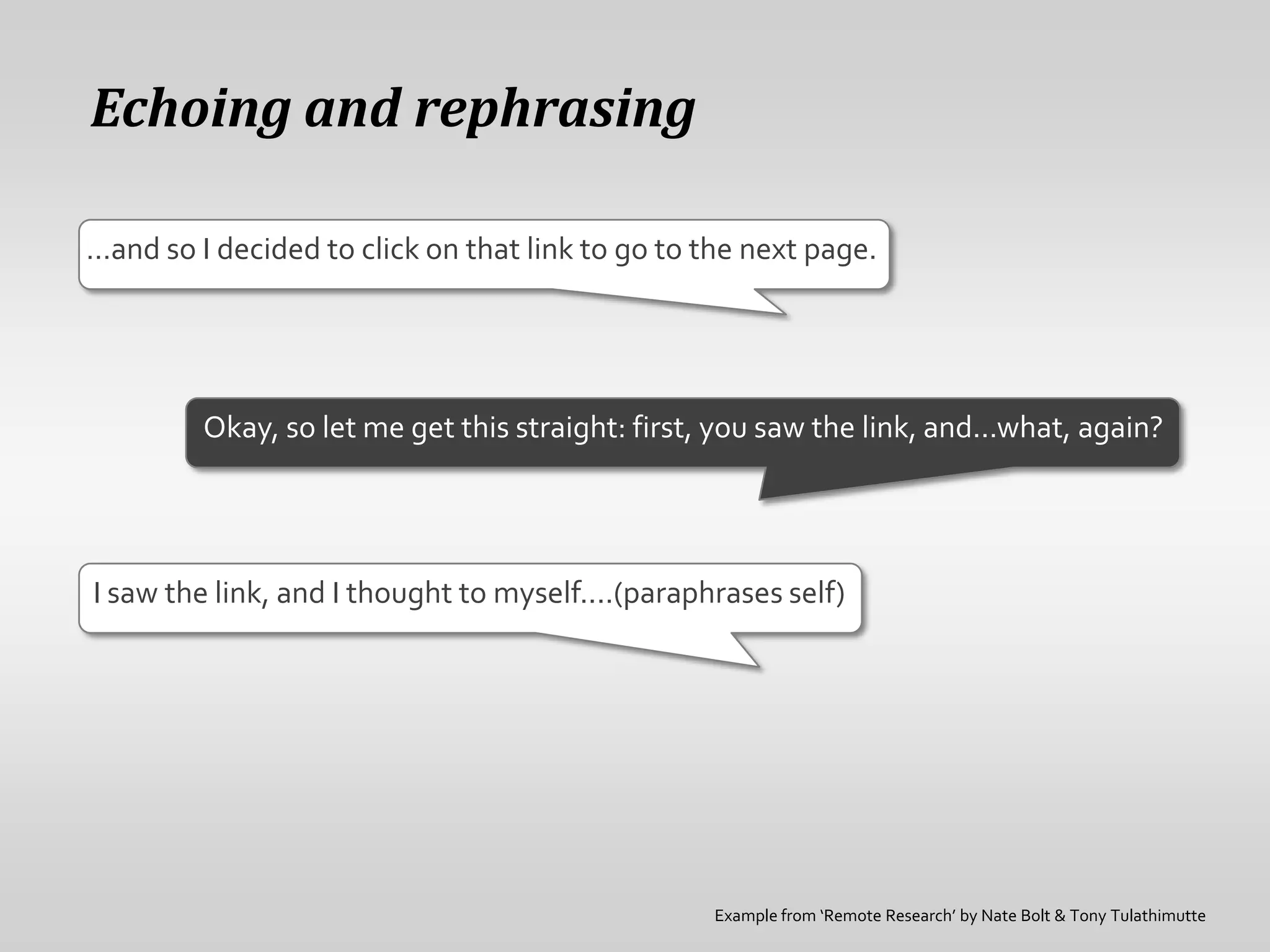 Have a ‘softball question’ readyPlease tell me a little bit about your cooking this week.Could you tell me about the last dish you prepared yourself?