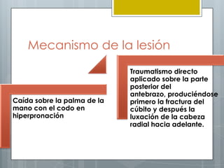Mecanismo de la lesión
                             Traumatismo directo
                             aplicado sobre la parte
                             posterior del
                             antebrazo, produciéndose
Caída sobre la palma de la   primero la fractura del
mano con el codo en          cúbito y después la
hiperpronación               luxación de la cabeza
                             radial hacia adelante.
 