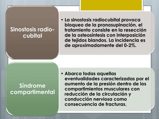 • La sinostosis radiocubital provoca
                      bloqueo de la pronosupinación, el
Sinostosis radio-     tratamiento consiste en la resección
    cubital           de la osteosíntesis con interposición
                      de tejidos blandos. La incidencia es
                      de aproximadamente del 0-2%.




                    • Abarca todas aquellas
                      eventualidades caracterizadas por el
  Síndrome            aumento de la presión dentro de los
                      compartimientos musculares con
compartimental        reducción de la circulación y
                      conducción nerviosa como
                      consecuencia de fracturas.
 