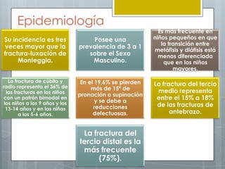 Epidemiología
                                                            Es más frecuente en
Su incidencia es tres               Posee una             niños pequeños en que
                                                             la transición entre
veces mayor que la              prevalencia de 3 a 1
                                                          metáfisis y diáfisis está
fractura-luxación de               sobre el Sexo            menos diferenciada
     Monteggia.                     Masculino.                que en los niños
                                                                  mayores.

   La fractura de cúbito y       En el 19,6% se pierden
radio representa el 36% de                                La fractura del tercio
                                     más de 15º de         medio representa
  las fracturas en los niños
                                pronación o supinación
 con un patrón bimodal en
                                       y se debe a
                                                           entre el 15% a 18%
 los niños a los 9 años y los                              de las fracturas de
  13-14 años y en las niñas           reducciones
        a los 5-6 años.               defectuosas.              antebrazo.


                                 La fractura del
                                tercio distal es la
                                 más frecuente
                                      (75%).
 