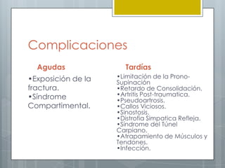 Complicaciones
  Agudas              Tardías
•Exposición de la   •Limitación de la Prono-
                    Supinación
fractura.           •Retardo de Consolidación.
•Síndrome           •Artritis Post-traumatica.
                    •Pseudoartrosis.
Compartimental.     •Callos Viciosos.
                    •Sinostosis.
                    •Distrofia Simpatica Refleja.
                    •Síndrome del Túnel
                    Carpiano.
                    •Atrapamiento de Músculos y
                    Tendones.
                    •Infección.
 