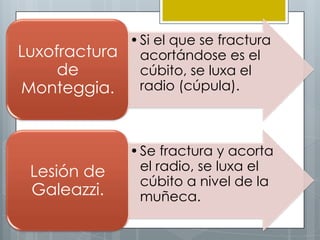 • Si el que se fractura
Luxofractura acortándose es el
     de        cúbito, se luxa el
Monteggia.     radio (cúpula).



               • Se fractura y acorta
 Lesión de       el radio, se luxa el
                 cúbito a nivel de la
 Galeazzi.       muñeca.
 