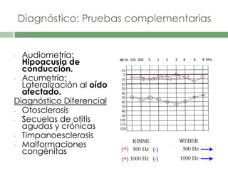 Diagnóstico: Pruebas complementarias
• Audiometría:
Hipoacusia de
conducción.
• Acumetría:
Lateralización al oído
afectado.
Diagnóstico Diferencial
• Otosclerosis
• Secuelas de otitis
agudas y crónicas
• Timpanoesclerosis
• Malformaciones
congénitas
 