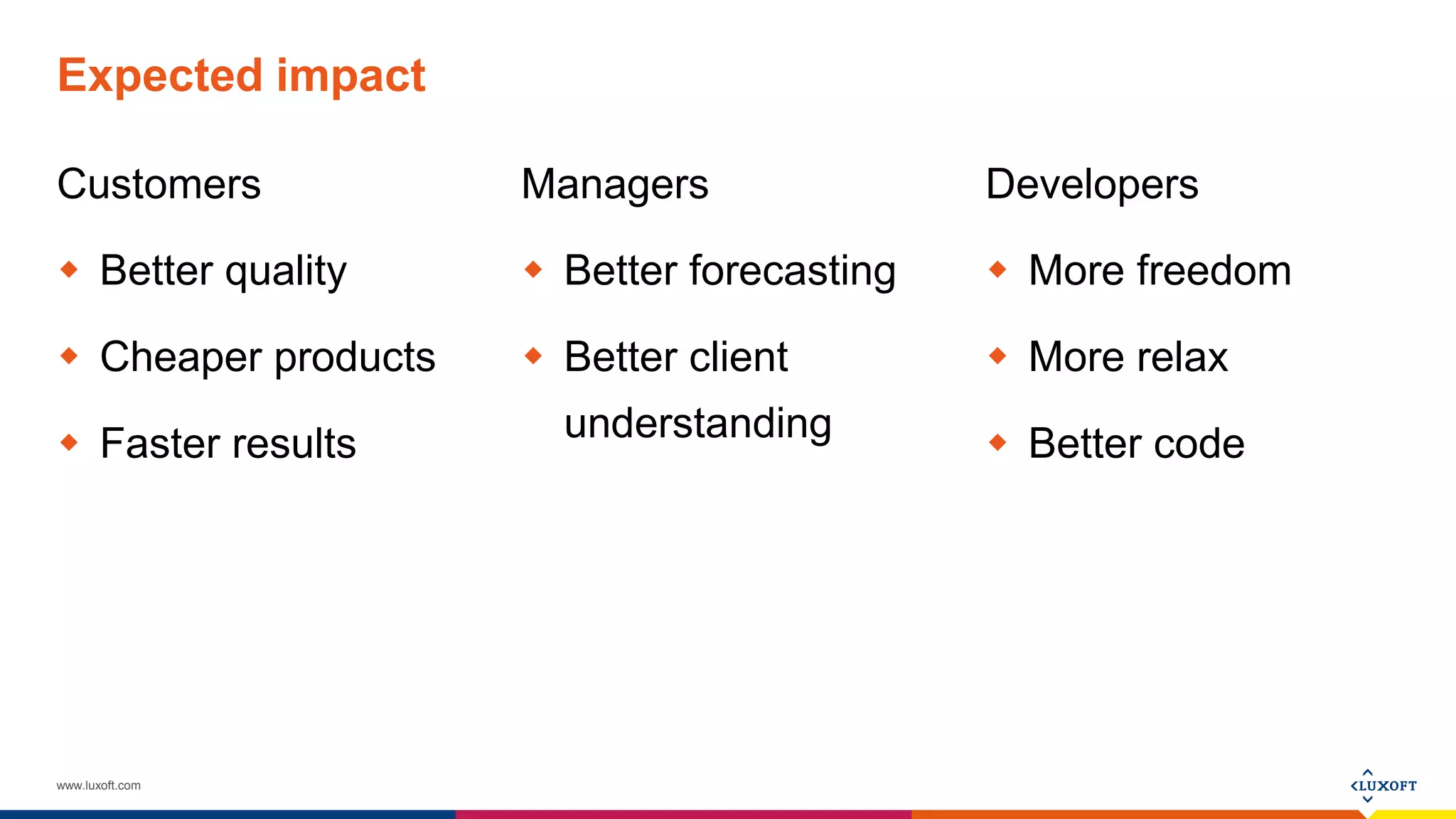 www.luxoft.com
Expected impact
Customers
 Better quality
 Cheaper products
 Faster results
Managers
 Better forecasting
 Better client
understanding
Developers
 More freedom
 More relax
 Better code
 