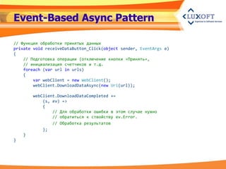 Event-Based Async Pattern

// Функция обработки принятых данных
private void receiveDataButton_Click(object sender, EventArgs e)
{
    // Подготовка операции (отключение кнопки «Принять»,
    // инициализация счетчиков и т.д.
    foreach (var url in urls)
    {
        var webClient = new WebClient();
        webClient.DownloadDataAsync(new Uri(url));

        webClient.DownloadDataCompleted +=
            (s, ev) =>
            {
                // Для обработки ошибки в этом случае нужно
                // обратиться к ствойству ev.Error.
                // Обработка результатов
            };
    }
}
 