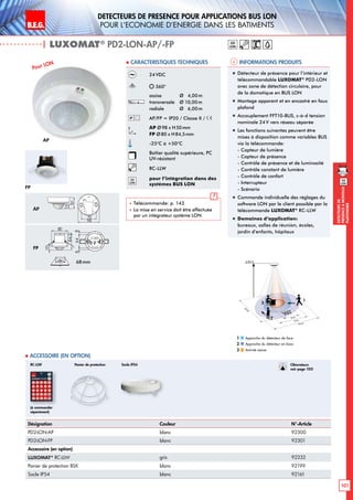 B.E.G. LUXOMAT®
101
DEtecteursde
prEsenceAmontage
plafonnier
| LUXOMAT®
PD2-LON-AP/-FP
Informations produits Caracteristiques techniques
AP
FP
30
80
98
30
8466
30
65
48
98
14
50
14
52
6488
15
84,5
80
15
84,5
80
35
65
16
4825 25
98
72 13131950
106
30
97
64
73
6815
97
15
30
97
48
54
1363
101
2144
98
N L'L N L'L N
L
'
L
70
98
73
61
95
106
88
30
97
64
73
30
97
48
54
6488
8099
641717
801010
30
97
64
73
6815
97
15
30
97
48
54
641717
84
101
6815
97
15
98
72 1313
PD1
PD2 PD4-1C
PD3 PD4
PD4-M-GH
PD4-M-DUO-DIM
70
70
93
106
93
106
35
65
16
4825 25
98
72 1313
30
80
98
30
84
66
30
65
48
98
14
50
14
52
6488
15
84,5
80
15
84,5
80
35
65
16
4825 25
98
72 1313
1950
106
30
97
64
73
6815
97
15
30
97
48
54
1363
101
2144
98
N L'L N L'L N
L
'
L
70
98
73
61
95
106
88
30
97
64
73
30
97
48
54
6488
8099
641717
801010
30
97
64
73
6815
97
15
30
97
48
54
641717
84
101
6815
97
15
98
72 1313
PD1
PD2 PD4-1C
PD3 PD4
PD4-M-GH
PD4-M-DUO-DIM
70
70
93
106
93
106
35
65
16
4825 25
98
72 1313
AP
FP
24VDC
360°
assise 	 Ø 4,00m
transversale 	 Ø 10,00m
radiale 	 Ø 6,00m
AP/FP = IP20 / Classe II /
AP Ø98 x H50mm
FP Ø80 x H84,5mm
-25°C à +50°C
Boîtier qualité supérieure, PC
UV-résistant
RC-LLW
lon
pour l’intégration dans des
systèmes BUS LON
 Télécommande: p. 143
 La mise en service doit être effectuée
par un intégrateur système LON.
lon
Désignation Couleur N°-Article
PD2-LON-AP blanc 92300
PD2-LON-FP blanc 92301
Accessoire (en option)
LUXOMAT®
RC-LLW gris 92332
Panier de protection BSK blanc 92199
Socle IP54 blanc 92161
 Accessoire (en option)
Panier de protection Socle IP54
(à commander
séparément)
RC-LLW
Pour LON
„„ Détecteur de présence pour l‘intérieur et
télécommandable LUXOMAT®
PD2-LON
avec zone de détection circulaire, pour
de la domotique en BUS LON
„„ Montage apparent et en encastré en faux
plafond
„„ Accouplement FFT10-BUS, c-à-d tension
nominale 24V vers réseau séparée
„„ Les fonctions suivantes peuvent être
mises à disposition comme variables BUS
via la télécommande:
- Capteur de lumière
- Capteur de présence
- Contrôle de présence et de luminosité
- Contrôle constant de lumière
- Contrôle de confort
- Interrupteur
- Scénario
„„ Commande individuelle des réglages du
software LON par le client possible par la
télécommande LUXOMAT®
RC-LLW
„„ Domaines d‘application:
bureaux, salles de réunion, écoles,
jardin d’enfants, hôpitaux
lon
68mm
Approche du détecteur de face
Approche du détecteur en biais
Activité assise
1
2
3
10 m
6 m
4 m
10m
360°
2,50 m
2
3
1
Obturateurs
voir page 103!
DEtecteurs de prEsence pour applications BUS LON
pour l‘economie d‘energie dans les batiments
 