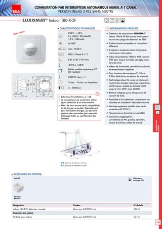 B.E.G. LUXOMAT®
109
Interrupteurs
muraux
Commutation PAR interrupteur AUTOMATIQUE mural a 1 canal
Version RELAIS 2 FILS SANS NEUTRE
| LUXOMAT®
Indoor 180-R-2F
Informations produits Caracteristiques techniques
Désignation Couleur N°-Article
Indoor 180-R-2F, détecteur complet blanc pur, RAL9010 mat 92616
Accessoire (en option)
AP-Boîte pour Indoor blanc pur, RAL9010 mat 92141
 Accessoire (en option)
Avec micro
230 V~ ±10 %
6 x NiMH / 30 AAAAH
1,2V / 300 mAh
180°
max. 10,00m
IP20 / Classe II /
L 87 x L87 x P61mm
-25°C à +50°C
Boîtier qualité supérieure, PC
UV-résistant
2300 W, cosϕ = 1;
15sec. - 16min. ou impulsion
2 - 2000Lux
 Schémas d‘installation: p. 148
 Le microphone est seulement activé
après détection d’un mouvement.
 Merci de vous assurer de la compatibilité
de la charge raccordée. Spécialement
pour les faibles charges, qui peuvent
générer des anomalies (par exemple
éclairage faible ou scintillement des
lampes).
„„ Détecteur de mouvement LUXOMAT®
Indoor 180-R-2F-EN comme interrupteur
mural avec plage de détection de 180°
„„ Cadres assortis proposés en cinq coloris
différents
„„ S’adapte à toutes les boîtes d’encastre-
ments pour interrupteur
„„ Indice de protection: IP20 et IP54 (version
IP54 pour locaux humides, garages, esca-
liers de cave)
„„ Valeur de luminosité, sensibilité aux bruits
et temporisation réglables
„„ Pour hauteurs de montage d’1,10m à
2,20m (latéral ou au-dessus de la porte)
„„ Technologie deux fils, avec un relais com-
mutant des charges inductives, capacitives
et Ohmiques, exepté les lampes à LED
jusqu’à mini 40W/ maxi 2300W
„„ Batterie intégrée qui se charge avec le
courant de fuite.
„„ Possibilité d’une détection uniquement ho-
rizontale en installant l’obturateur fournie
„„ Montage apparent possible avec socle
accessoire AP (92141)
„„ Ne peut pas se brancher en parallèle
„„ Domaines d‘application:
surveillance de WC publics, corridors,
locaux d’archives, salles de lecture
48
13 12
61
52
87
51
87
Socle AP
blanc pur,
RAL9010
12 m
3m
10m
180°
1,10-2,20 m
2
1
Approche du détecteur de face
Approche du détecteur en biais
1
2
Obturateurs
voir page 105!
 