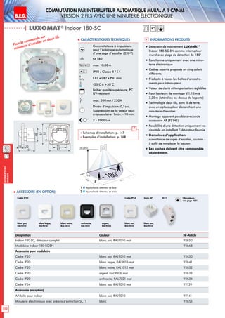 B.E.G. LUXOMAT®
110
Interrupteurs
muraux
Commutation PAR interrupteur AUTOMATIQUE mural a 1 canal –
Version 2 fils avec une minuterie électronique
| LUXOMAT®
Indoor 180-SC
Informations produits Caracteristiques techniques
Désignation Couleur N°-Article
Indoor 180-SC, détecteur complet blanc pur, RAL9010 mat 92650
Modulaire Indoor 180-SC-EN – 92668
Accessoire pour modulaire
Cadre IP20 blanc pur, RAL9010 mat 92630
Cadre IP20 blanc laque, RAL9016 mat 92641
Cadre IP20 blanc ivoire, RAL1013 mat 92632
Cadre IP20 argent, RAL9006 mat 92633
Cadre IP20 anthracite, RAL7021 mat 92634
Cadre IP54 blanc pur, RAL9010 mat 92139
Accessoire (en option)
AP-Boîte pour Indoor blanc pur, RAL9010 92141
Minuterie électronique avec préavis d‘extinction SCT1 blanc 92655
 Accessoire (en option)
Commutateurs à impulsions
pour l’éclairage automatique
d’une cage d’escalier (230V)
180°
max. 10,00m
IP20 / Classe II /
L 87 x L87 x P61 mm
-25°C à +50°C
Boîtier qualité supérieure, PC
UV-résistant
max. 200 mA / 230V
Durée d’impulsion: 0,1sec.
Suppression de la valeur seuil
crépusculaire: 1min. - 10min.
2 - 2000Lux
 Schémas d‘installation: p. 147
 Exemples d‘installation: p. 168
Pour la commande sur
minuterie d’escalier en deux fils
„„ Détecteur de mouvement LUXOMAT®
Indoor 180-SC-EN comme interrupteur
mural avec plage de détection de 180°
„„ Fonctionne uniquement avec une minu-
terie électronique
„„ Cadres assortis proposés en cinq coloris
différents
„„ S’adapte à toutes les boîtes d’encastre-
ments pour interrupteur
„„ Valeur de clarté et temporisation réglables
„„ Pour hauteurs de montage d’1,10m à
2,20m (latéral ou au-dessus de la porte)
„„ Technologie deux fils, sans fil de terre,
avec un optocoupleur déclenchant une
minuterie d’escalier
„„ Montage apparent possible avec socle
accessoire AP (92141)
„„ Possibilité d’une détection uniquement ho-
rizontale en installant l’obturateur fournie
„„ Domaines d‘application:
surveillance de cages d‘escalier, couloirs –
il suffit de remplacer le bouton
„„ Les caches doivent être commandés
séparément.
+ =
48
13 12
61
52
87
51
87
blanc pur,
RAL9010
Cadre IP20 Cadre IP54 Socle AP SCT1
blanc laque,
RAL9016
blanc ivoire,
RAL1013
anthracite,
RAL7021
argent,
RAL9006
blanc pur,
RAL9010
blanc pur,
RAL9010
12 m
3m
10m
180°
1,10-2,20 m
2
1
Approche du détecteur de face
Approche du détecteur en biais
1
2
Obturateurs
voir page 105!
 