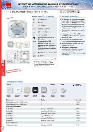 B.E.G. LUXOMAT®
114
Interrupteurs
muraux
Interrupteurs AUTOMATIQUES muraux pour applications GTB/GTC
pour le raccordement a une alimentation 11-48 V
| LUXOMAT®
Indoor 180-R-11-48V
Informations produits Caracteristiques techniques
Désignation Couleur N°-Article
Modulaire Indoor 180-R-11-48V-3A-EN – 92666
Modulaire Indoor 180-R-11-48V-RR-EN – 92667
Accessoire pour modulaire
Cadre IP20 blanc pur, RAL9010 mat 92630
Cadre IP20 blanc laque, RAL9016 mat 92641
Cadre IP20 blanc ivoire, RAL1013 mat 92632
Cadre IP20 argent, RAL9006 mat 92633
Cadre IP20 anthracite, RAL7021 mat 92634
Cadre IP54 blanc pur, RAL9010 mat 92139
Accessoire (en option)
AP-Boîte pour Indoor blanc pur, RAL9010 92141
 Accessoire (en option)
Zone de détection voir
diagramme en page 109!
11- 48VAC/DC
180°
max. 10,00m
IP20 / Classe II /
L 87 x L87 x P61 mm
-25°C à +50°C
Boîtier qualité supérieure, PC
UV-résistant
Canal 1 Libre de potentiel NO
Version 3A: 3 A, cosϕ = 1
Version RR: avec Reed-Relais,
100mA, cosϕ = 1 pour une
commutation particulièrement
silencieuse
Canal 1: 15sec. - 30min. / Test
2 - 2000 Lux
 Schémas d‘installation: p. 158
 Le microphone des Indoor 180-R-
11-48V est seulement activé après
détection d’un mouvement.
„„ Les détecteurs de mouvement LUXOMAT®
Indoor 180-R-11-48V-3A (version 3A) et
Indoor 180-R-11-48V-RR (version à relais
REED pour une commutation particuliè-
rement silencieuse) et raccordement sur
une alimentation 11-48V
„„ Cadres assortis proposés en cinq coloris
différents
„„ Indice de protection: IP20 et IP54 (ver-
sion IP54 pour locaux humides, garages,
escaliers de cave)
„„ Pour hauteurs de montage d’1,10m à
2,20m (latéral ou au-dessus de la porte)
„„ Montage apparent possible avec socle
accessoire AP (92141)
„„ Domaines d‘application:
surveillance de WC publics, corridors,
locaux d’archives, salles de lecture
„„ Les caches doivent être commandés
séparément.
11-48V
+ =
48
13 12
61
52
87
51
87
blanc pur,
RAL9010
Cadre IP20 Cadre IP54 Socle AP
blanc laque,
RAL9016
blanc ivoire,
RAL1013
anthracite,
RAL7021
argent,
RAL9006
blanc pur,
RAL9010
blanc pur,
RAL9010
11-48V
Avec micro
Obturateurs
voir page 105!
 