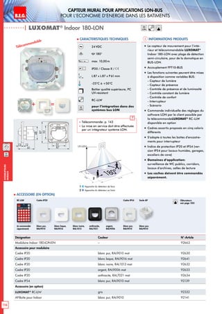 B.E.G. LUXOMAT®
116
Interrupteurs
muraux
CAPTEUR MURAL pour applications LON-BUS
pour l‘economie d‘energie dans les batiments
| LUXOMAT®
Indoor 180-LON
Informations produits Caracteristiques techniques
lon
Désignation Couleur N°-Article
Modulaire Indoor 180-LON-EN – 92663
Accessoire pour modulaire
Cadre IP20 blanc pur, RAL9010 mat 92630
Cadre IP20 blanc laque, RAL9016 mat 92641
Cadre IP20 blanc ivoire, RAL1013 mat 92632
Cadre IP20 argent, RAL9006 mat 92633
Cadre IP20 anthracite, RAL7021 mat 92634
Cadre IP54 blanc pur, RAL9010 mat 92139
Accessoire (en option)
LUXOMAT®
RC-LLW gris 92332
AP-Boîte pour Indoor blanc pur, RAL9010 92141
 Accessoire (en option)
24VDC
180°
max. 10,00m
IP20 / Classe II /
L 87 x L87 x P61 mm
-25°C à +50°C
Boîtier qualité supérieure, PC
UV-résistant
RC-LLW
lon
pour l’intégration dans des
systèmes bus LON
 Télécommande: p. 143
 La mise en service doit être effectuée
par un intégrateur système LON.
„„ Le capteur de mouvement pour l’inté-
rieur et télécommandable LUXOMAT®
Indoor 180-LON avec plage de détection
semi-circulaire, pour de la domotique en
BUS-LON.
„„ Accouplement FFT10-BUS
„„ Les fonctions suivantes peuvent être mises
à disposition comme variables BUS:
- Capteur de lumière
- Capteur de présence
- Contrôle de présence et de luminosité
- Contrôle constant de lumière
- Contrôle de confort
- Interrupteur
- Scénario
„„ Commande individuelle des réglages du
software LON par le client possible par
la télécommandeLUXOMAT®
RC-LLW
disponible en option
„„ Cadres assortis proposés en cinq coloris
différents
„„ S’adapte à toutes les boîtes d’encastre-
ments pour interrupteur
„„ Indice de protection IP20 et IP54 (ver-
sion IP54 pour locaux humides, garages,
escaliers de cave)
„„ Domaines d‘application:
surveillance de WC publics, corridors,
locaux d’archives, salles de lecture
„„ Les caches doivent être commandés
séparément.
+ =
48
13 12
61
52
87
51
87
blanc pur,
RAL9010
Cadre IP20 Cadre IP54 Socle AP
blanc laque,
RAL9016
blanc ivoire,
RAL1013
anthracite,
RAL7021
argent,
RAL9006
blanc pur,
RAL9010
blanc pur,
RAL9010
12 m
3m
10m
180°
1,10-2,20 m
2
1
Approche du détecteur de face
Approche du détecteur en biais
1
2
(à commander
séparément)
RC-LLW
lon
Télécommandable
Obturateurs
voir page 105!
 