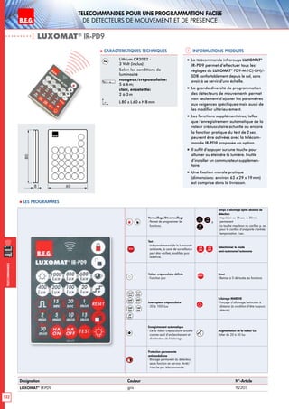 B.E.G. LUXOMAT®
132
Telecommandes pour UNE PROGRAMMATION FACILE
de detecteurs de mouvement et de presence
Telecommandes
Verrouillage/Déverrouillage
- Permet de programmer les
fonctions.
,
15
sec
à
30
min
Temps d’allumage après absence de
détection:
- Impulsion ou 15sec. à 30min.
permanent
- La touche impulsion ou carillon p. ex.
pour le carillon d‘une porte d‘entrée:
temporisation 1sec.
TEST
Test
- Indépendamment de la luminosité
ambiante, la zone de surveillance
peut être vérifieé, modifiée puis
redéfinie.
HA
ON
,
HA
OFF
Sélectionner le mode
semi-autonome/autonome
Valeur crépusculaire définie
- Fonction jour
RESET
Reset
- Remise à 0 de toutes les fonctions
1000
Lux
800
Lux
600
Lux
400
Lux
200
Lux
100
Lux
20
Lux
Interrupteur crépusculaire
- 20 à 1000Lux
Eclairage MARCHE
- Forçage d’allumage/extinction à
distance (à condition d’être toujours
détecté)
Enregistrement automatique
- De la valeur crépusculaire actuelle
comme seuil d’enclenchement et
d’extinction de l’éclairage.
+
Augmentation de la valeur Lux
Palier de 20 à 50 lux
Protection permanente
antivandalisme
- Blocage permanent du détecteur;
seule fonction en service: Arrêt/
Marche par télécommande.
| LUXOMAT®
IR-PD9
Informations produits Caracteristiques techniques
Désignation Couleur N°-Article
LUXOMAT®
IR-PD9 gris 92201
Lithium CR2032 -
3 Volt (inclus)
Selon les conditions de
luminosité
nuageux/crépusculaire:
5 à 6 m;
clair, ensoleille:
2 à 3 m
L 80 x L60 x H 8mm
„„ La télécommande infrarouge LUXOMAT®
IR-PD9 permet d’effectuer tous les
réglages du LUXOMAT®
PD9-M-1C(-GH)/-
SDB confortablement depuis le sol, sans
avoir à se servir d’une échelle.
„„ La grande diversité de programmation
des détecteurs de mouvements permet
non seulement d’ajuster les paramètres
aux exigences spécifiques mais aussi de
les modifier ultérieurement.
„„ Les fonctions supplémentaires, telles
que l’enregistrement automatique de la
valeur crépusculaire actuelle ou encore
la fonction pratique du test de 2 sec.
peuvent être activées avec la télécom-
mande IR-PD9 proposée en option.
„„ Il suffit d’appuyer sur une touche pour
allumer ou éteindre la lumière. Inutile
d’installer un commutateur supplémen-
taire.
„„ Une fixation murale pratique
(dimensions: environ 63 x 29 x 19mm)
est comprise dans la livraison.
80
8 60
 Les programmes
 